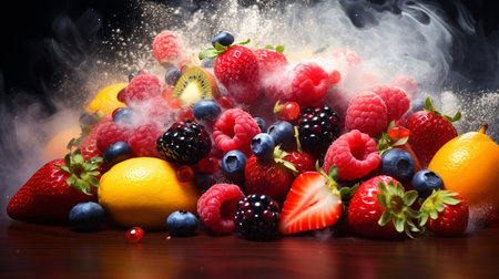 Fruits and berries on a wooden table with smoke in the backgroundの素材