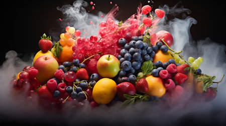 Fruit mix with smoke on black background. Healthy food concept.の素材