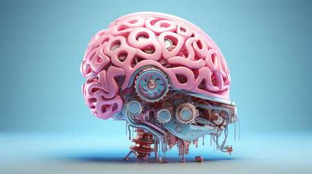 Human brain with gears and cogwheels on blue background. 3D renderingの素材
