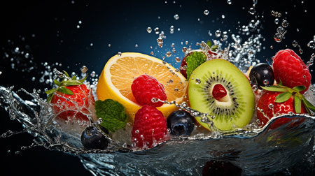 Fruit splashing in water on black background. Healthy food concept.の素材