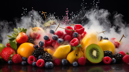 Fruits and berries with smoke on black background. Healthy food concept.の素材