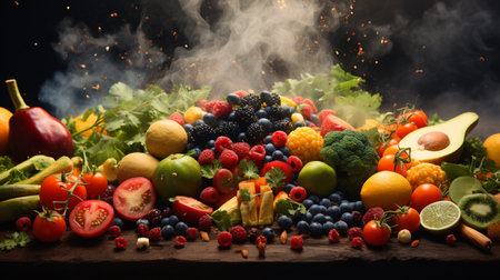Fruits and vegetables on a wooden table. Healthy food concept.の素材
