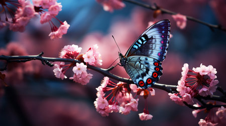 Butterfly on a branch of pink cherry blossoms in springの素材