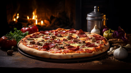 Pizza with salami and mozzarella cheese on wooden tableの素材