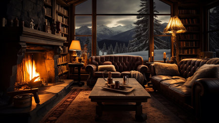 Interior of a cozy living room in the mountains. Comfortable sofa and armchair on the windowsill. Winter landscape.の素材