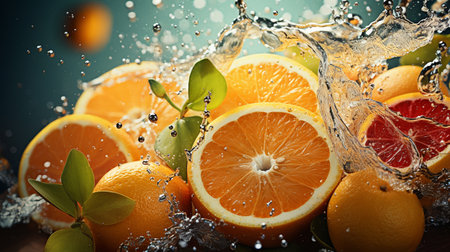 Fresh fruits with water splash, closeup. Citrus fruit backgroundの素材