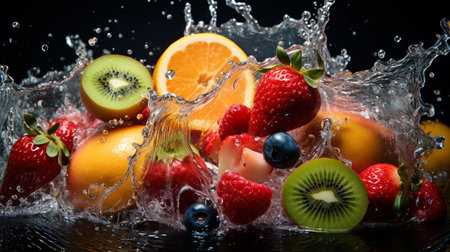 Fruit splashing in water on black background. Healthy food concept.の素材
