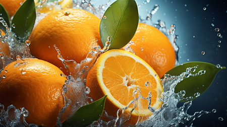Fresh oranges with water splash on dark background, closeup. Healthy foodの素材
