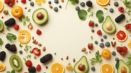 Frame made of fresh fruits and berries on color background, top viewの素材