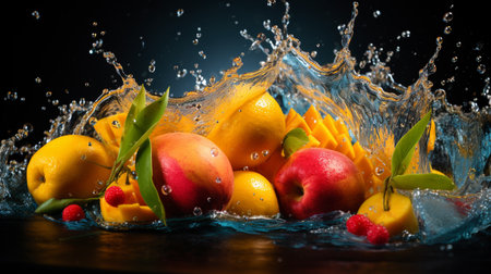 Fruits in water splash, isolated on black background. Healthy food concept.の素材