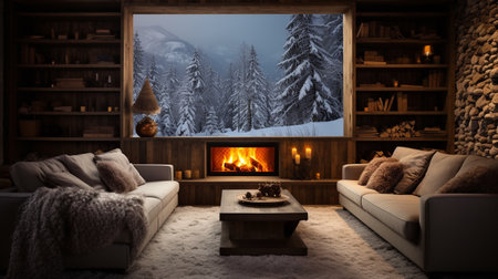 Interior of a cozy living room with fireplace and two sofasの素材