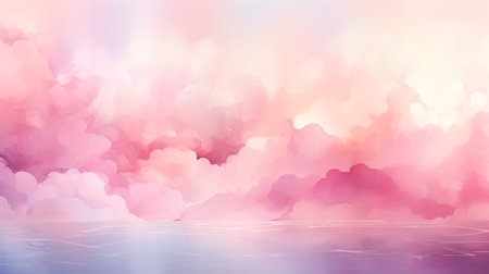 Sea summer landscape background with pink and blue sky and clouds, vector illustrationの素材