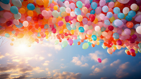 Colorful balloons in the blue sky background. Copy space for text.の素材