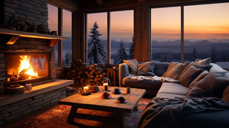 Cozy living room with fireplace and comfortable sofa in front of window at sunsetの素材