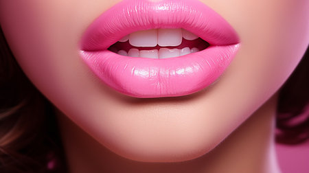 Closeup of beautiful female lips with glossy pink lipstick. Perfect makeup.の素材