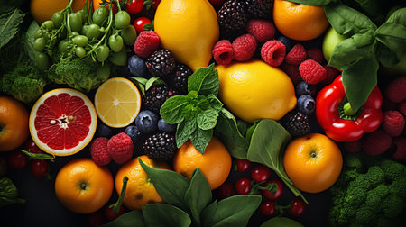 Variety of fresh fruits and berries as healthy food background, top viewの素材