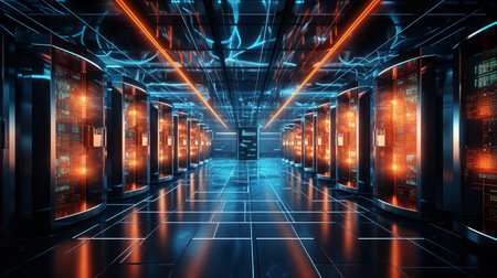 3D rendering of server room data center with glowing lights on backgroundの素材