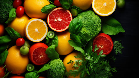Variety of fresh vegetables and fruits on black background. Top view.の素材