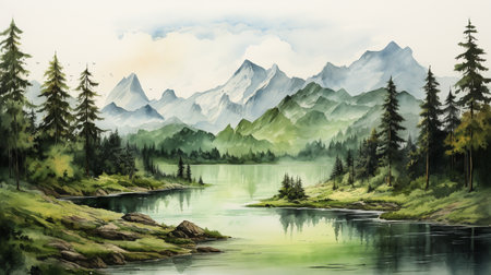 Digital painting of a mountain lake with pine trees and mountains in the backgroundの素材