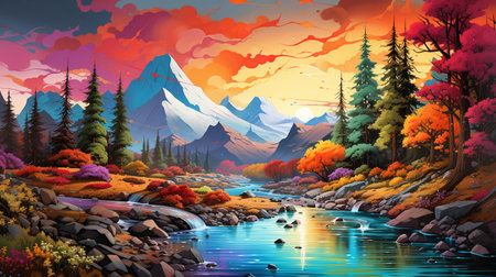 Landscape with mountains, river and forest. Digital painting. Vector illustration.の素材