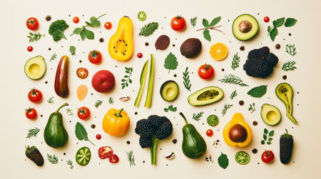 Healthy food concept. Vegetables and fruits on a yellow backgroundの素材