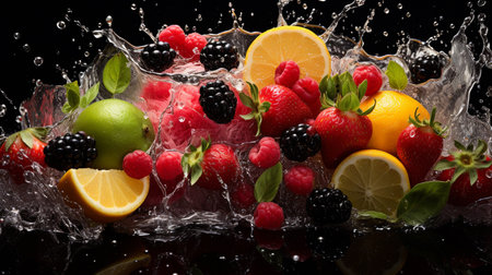 Fruit mix in water splash on black background. Fresh fruits and berriesの素材
