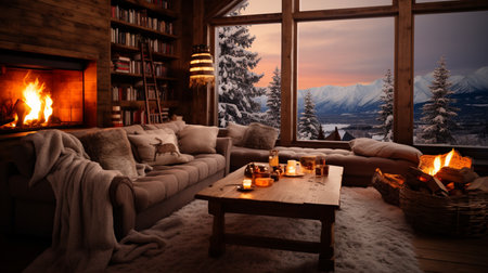 Interior of cozy living room with fireplace, comfortable sofa, armchair and bookshelves. Winter landscape in the backgroundの素材