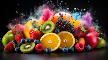 Fruits and berries with colorful powder splashes on black background.の素材