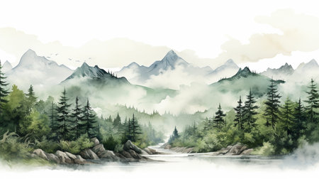 Landscape with mountains, forest and river. Digital art painting.の素材