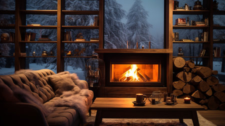Interior of cozy living room with fireplace and comfortable sofa in winterの素材