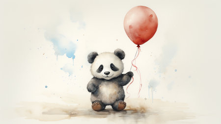 Cute panda bear with red balloon on watercolor background illustrationの素材