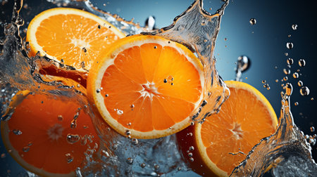 Slices of orange in water splash on blue background, closeupの素材