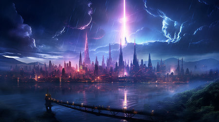 Fantasy Landscape of the night city. 3D Renderingの素材