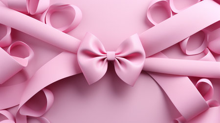 Pink ribbon bow on a pink background. 3d render illustration.の素材
