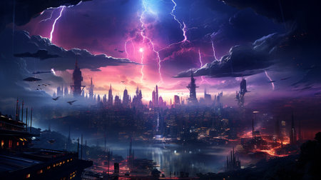 Fantasy cityscape with lightning. 3D render. Illustrationの素材