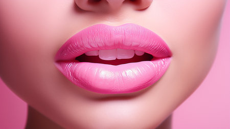 Beautiful female lips with pink lipstick. Close-up. Pink background.の素材