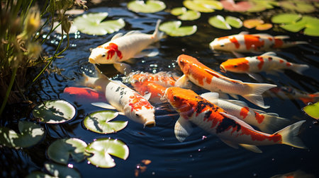 Koi fish swimming in the pond in the park. Colorful fishesの素材