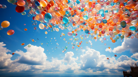 Colorful balloons flying in the blue sky. Colorful balloons background.の素材