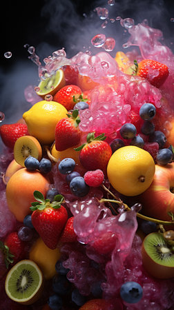 Frozen fruits in ice with splashes of water on black backgroundの素材