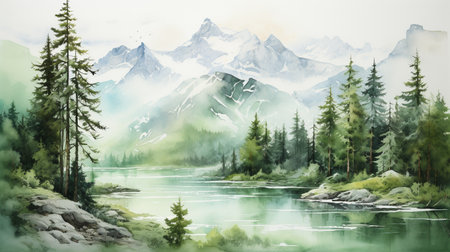 Digital painting of a mountain lake with snow-capped peaks in the backgroundの素材