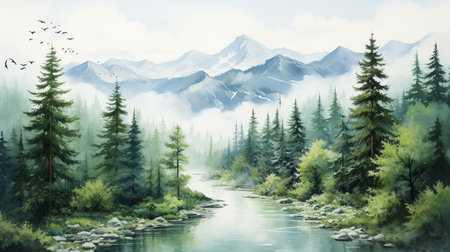 Digital painting of a mountain river with coniferous forest in the backgroundの素材