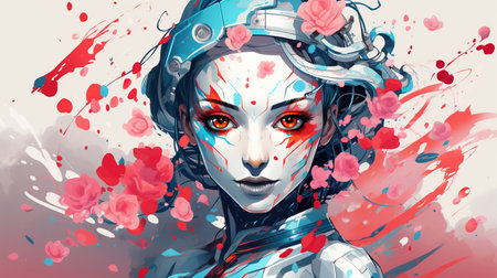 Digital illustration of a female robot with red flowers in her hair.の素材