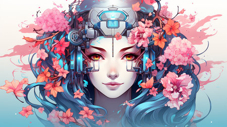 Portrait of beautiful girl with fantasy make-up and flowers.の素材