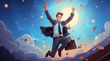 Happy businessman jumping in the sky. Business success concept. Vector illustration.の素材