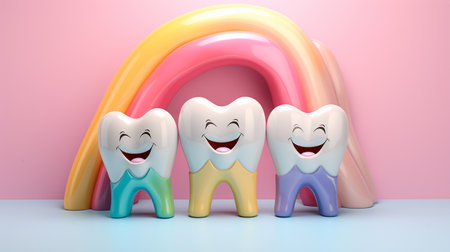 3d render of cartoon character tooth with rainbow. Dentistry conceptの素材