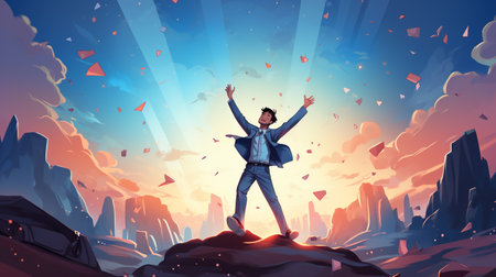 Businessman standing on the top of a mountain and raising his hands up.の素材