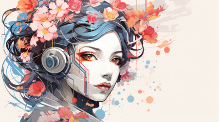 Fashion illustration of a beautiful young woman with headphones. Vector.の素材