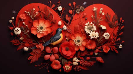 Valentine's day background with flowers and birds. Vector illustration.の素材