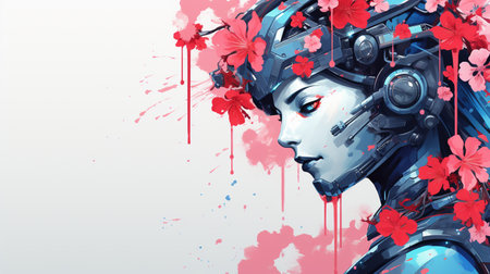Digital illustration of a female robot with red flowers in the background.の素材