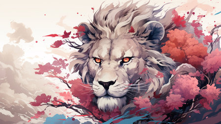 Lion in the forest. Watercolor painting. Vector illustration.の素材